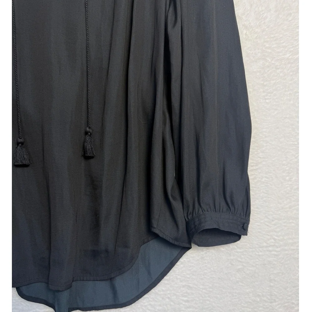 LOFT Women Black Long Sleeve Tassel Tie V-Neck Boho Blouse Top Size‎ S